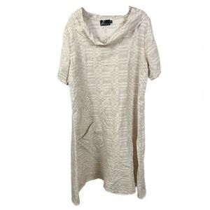 Fenini‎ Women’s Linen Blend Cowl Neck Cream Pattern Lagenlook Shift Dress- Small